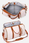 A beige and brown travel bag from The Windbreaker Jacket, known as The Smart No-Wrinkle Foldable Travel Bag, is shown in two views. The top image displays the bag with its main compartment open, revealing a light gray interior. The bottom image highlights the bag closed, showcasing its exterior pockets and adjustable shoulder strap.