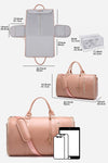 Illustration of a pink waterproof PU leather travel duffel bag by The Windbreaker Jacket, featuring multiple compartments and accessories. Dimensions: 20.5 x 12.5 x 10 inches when closed and expands to 37 inches when opened. Includes a small plastic container, with size comparisons to a smartphone and tablet. Incorporates The Smart No-Wrinkle Foldable Travel Bag design for convenience.